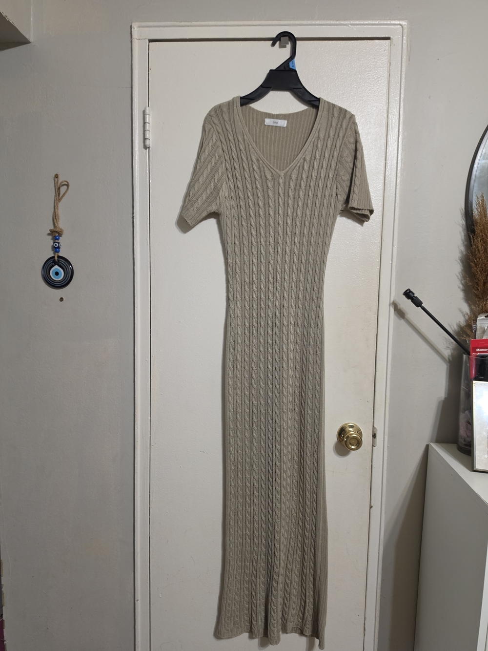 UnA Rib-Knit V-Neck Maxi Dress in Beige